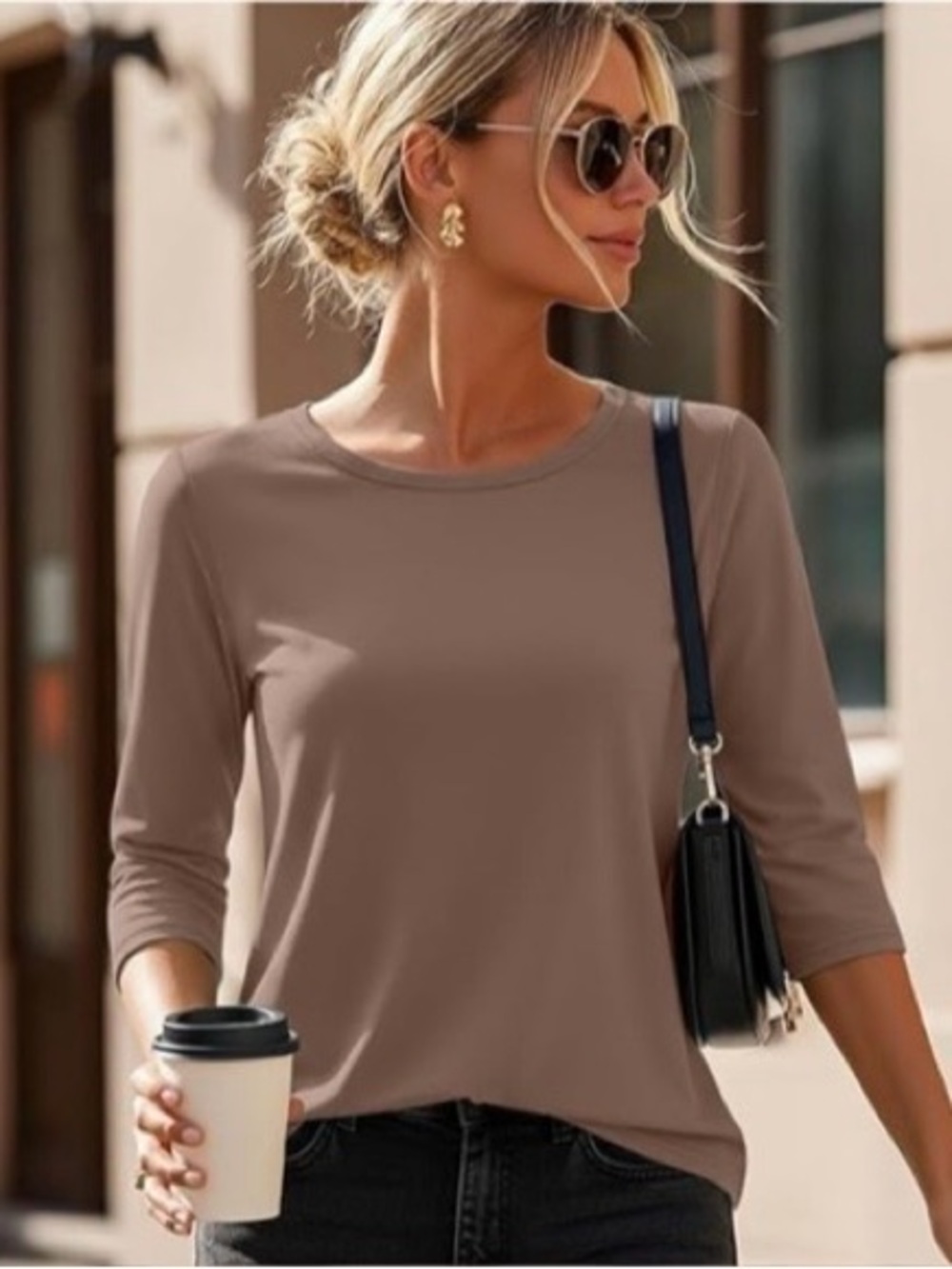NWT Women’s Taupe 3/4 Sleeve Crewneck Tee! Large! NEW!